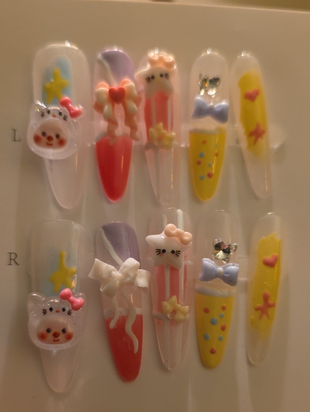Cute Pastel Cat & Bow Nail Stickers - Yellow, Pink, Purple Size Large